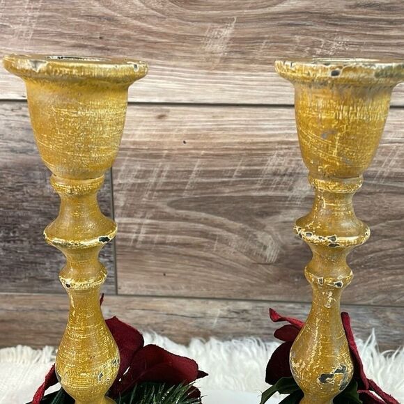 Vintage Rustic Wood Distressed Farmhouse Wooden Country Candlesticks Set - Picture 6 of 7